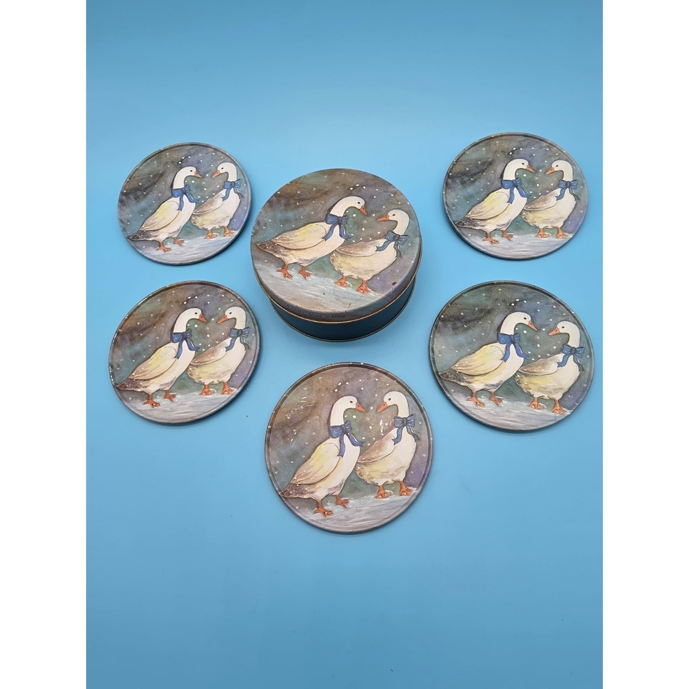 Vintage Country Blue Geese Coasters Corked Back And Holder 6 Pieces